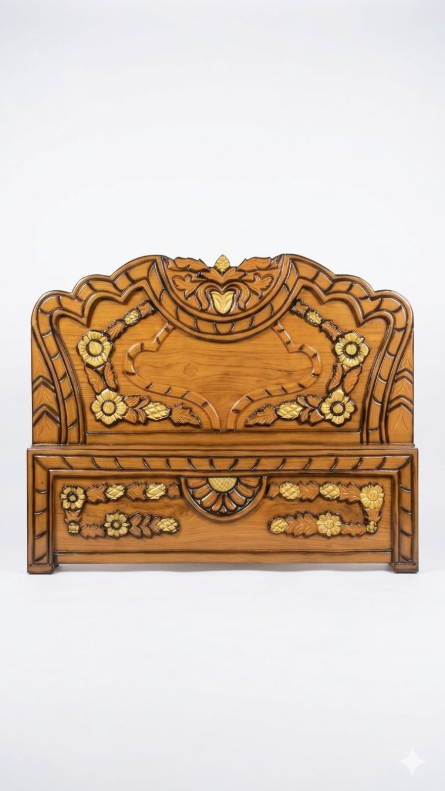 Majestic Crown Hand-Carved Teak Finish Headboard with Gold Flora 1