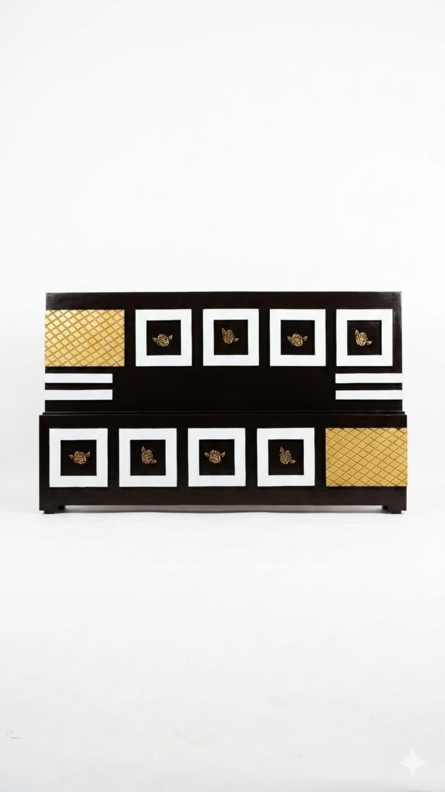Art Deco Monochrome Square Panel Headboard with Gold Rose Details 1