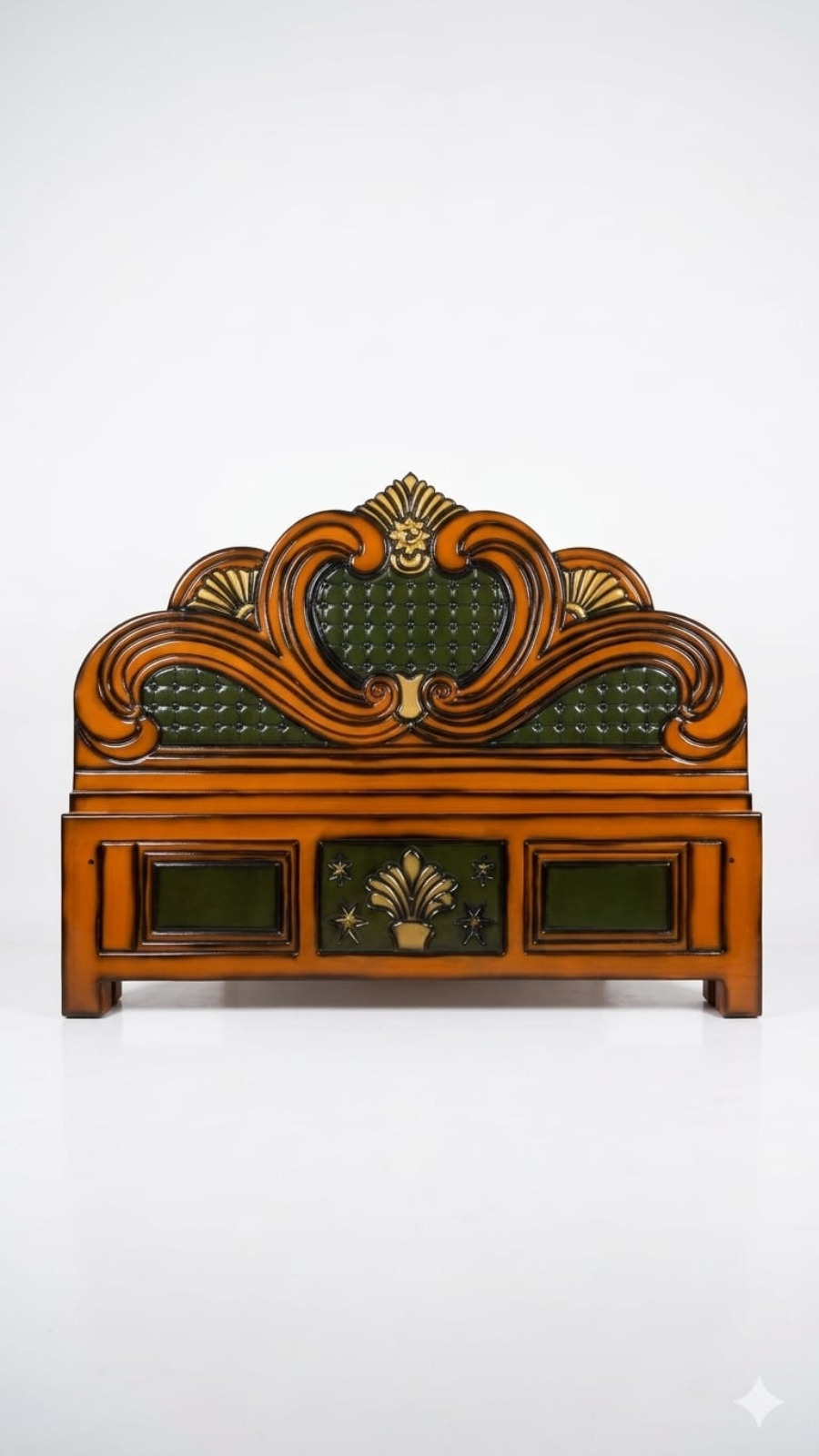 Luxury Carved Wooden Headboard with Olive Green Tufted Panels 1