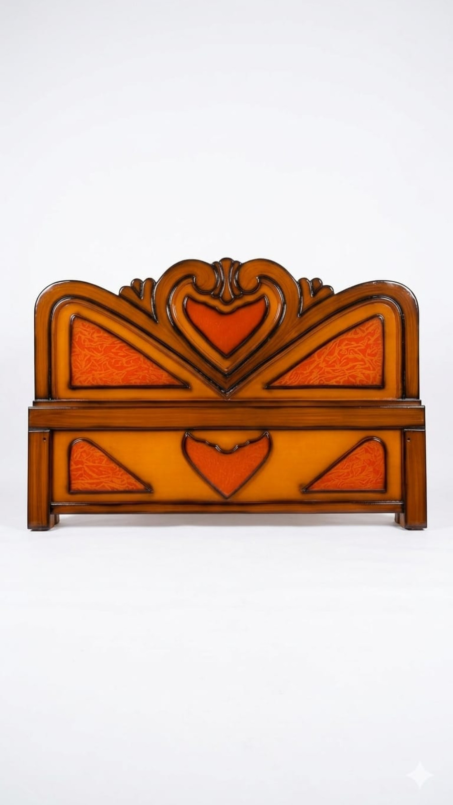 Mid-Century Rustic Heart Wooden Headboard with Burnt Orange Inlays 1