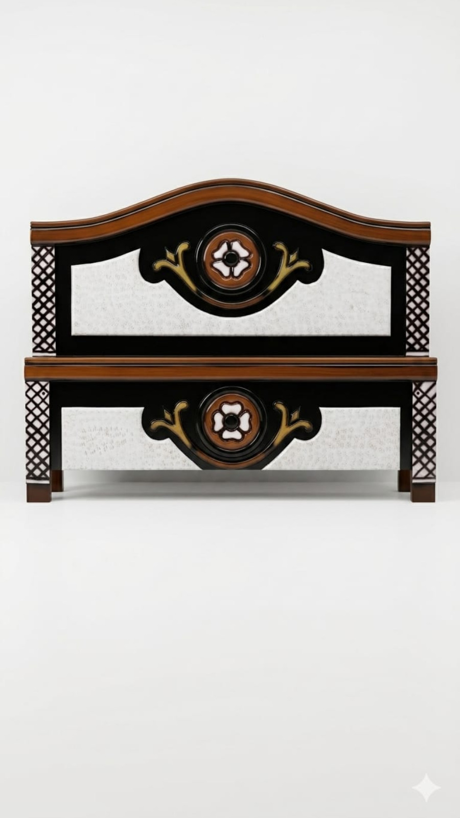 Art Deco Arched Wooden Headboard with Textured White and Black Inlays 1