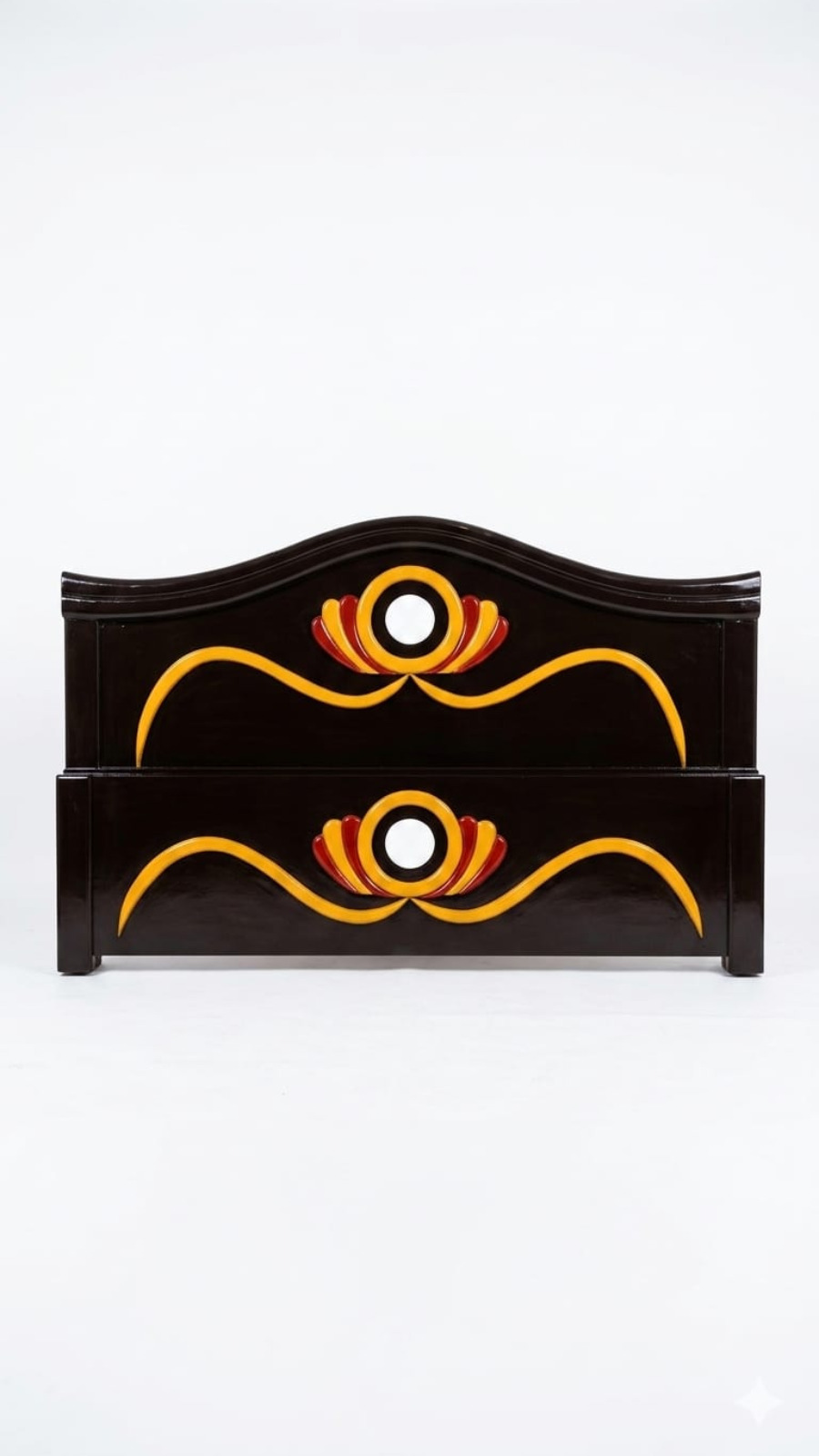 Mid-Century Glossy Espresso Headboard with Yellow Wave Inlays 1