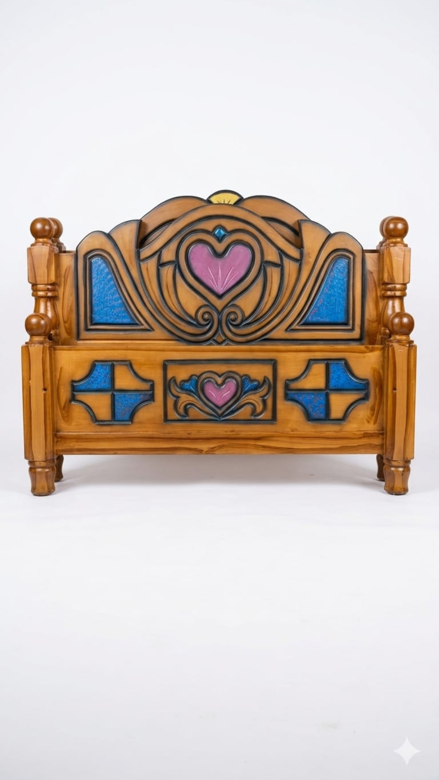 Artisan Heart and Scroll Wooden Headboard with Speckled Blue Inlays 1