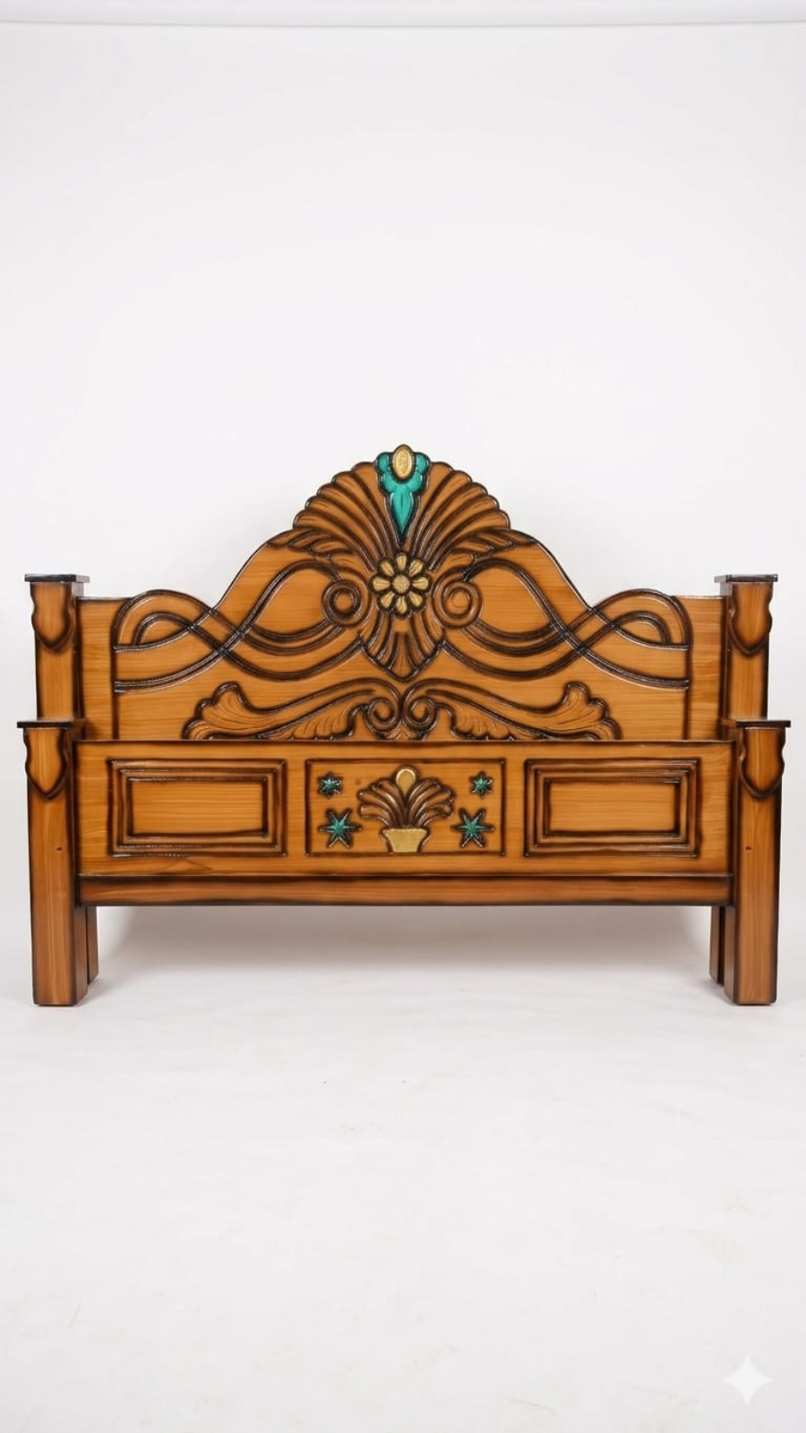 Sunburst Carved Wooden Headboard with Teal Accents 1