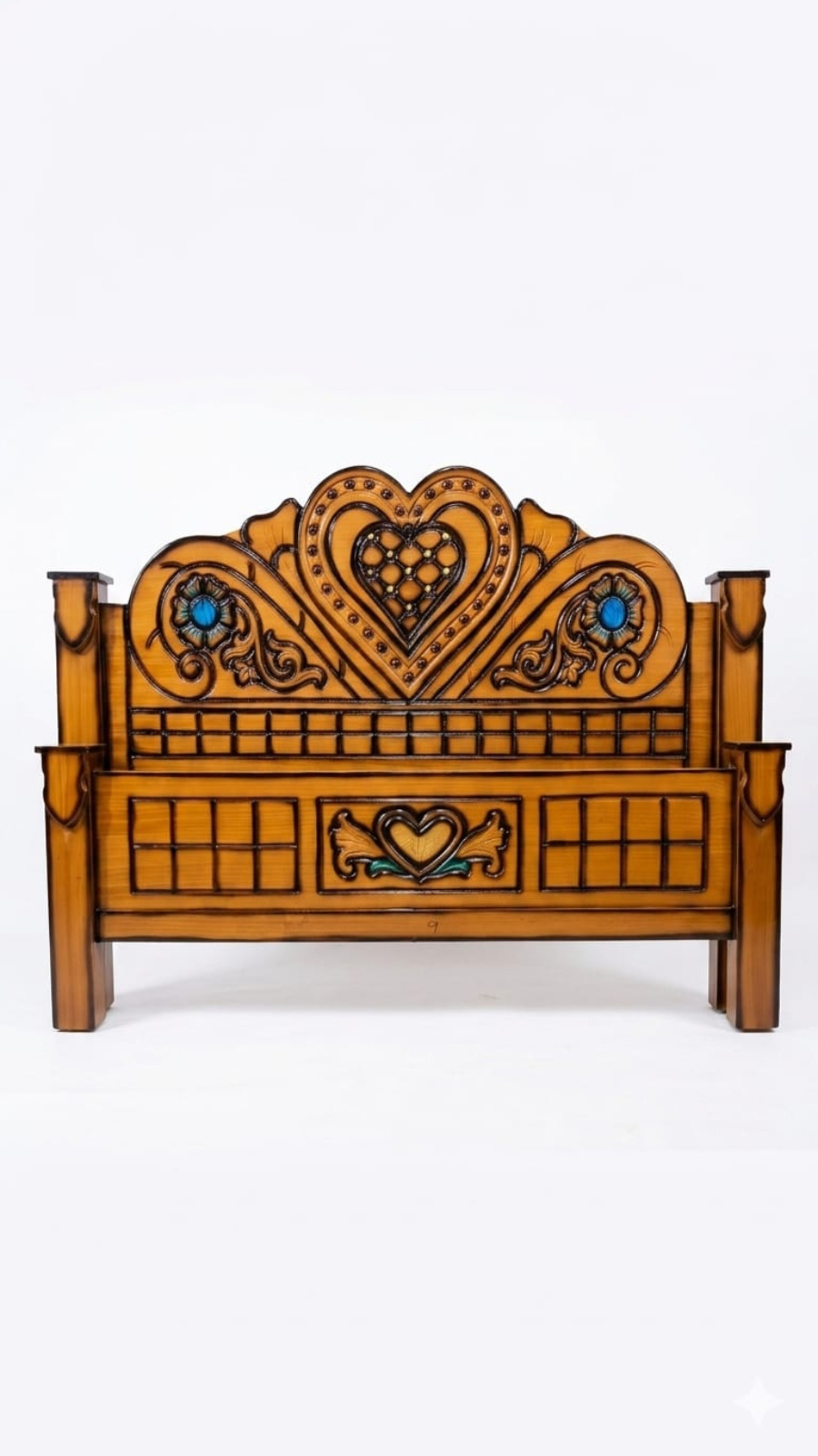 Hand-Carved Heart & Floral Traditional Wooden Headboard 1