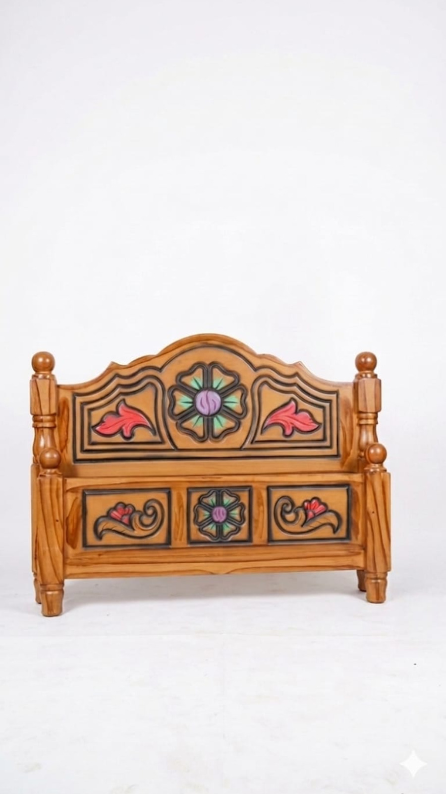 Traditional Teak-Finish Wooden Headboard with Vibrant Floral Carvings 1