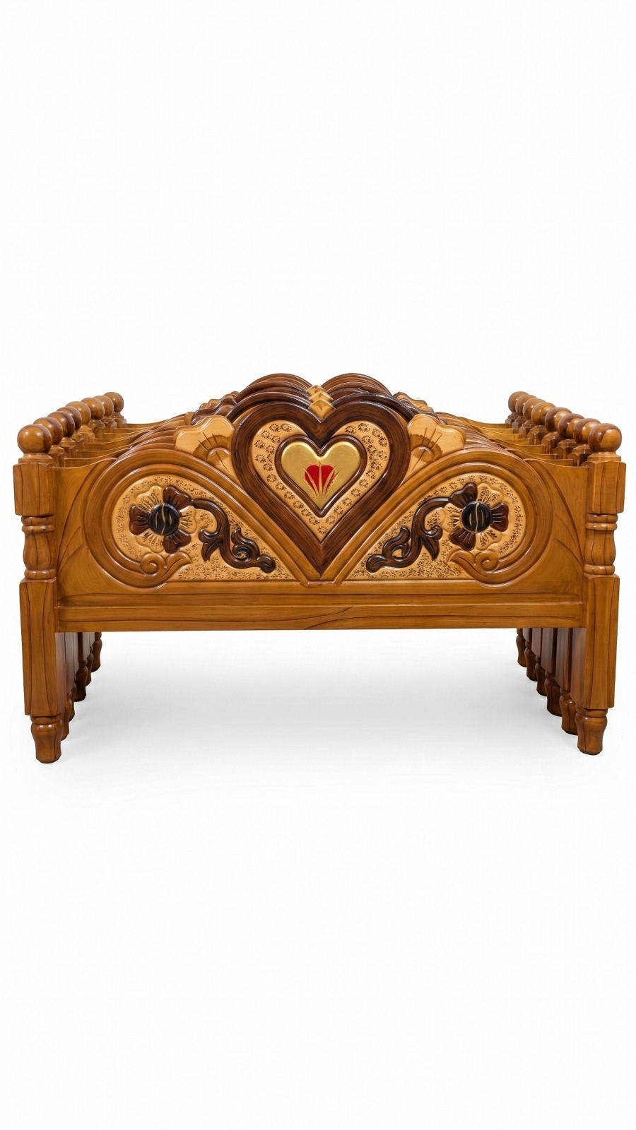 Premium Wooden Double Bed with Gold Heart and Floral Carving 1
