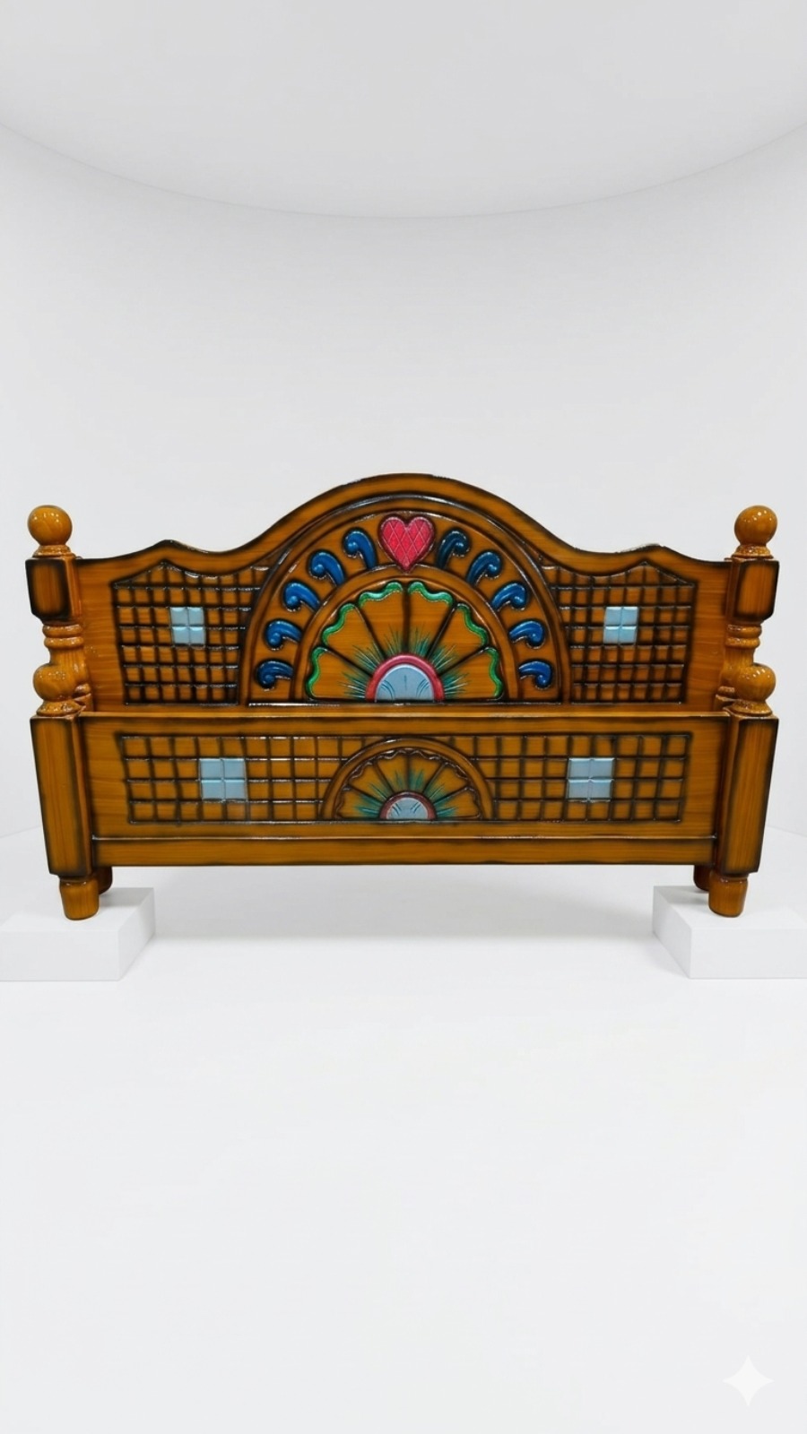 Traditional Sunburst Engraved Wooden Cot with Heart Motif Accent 1