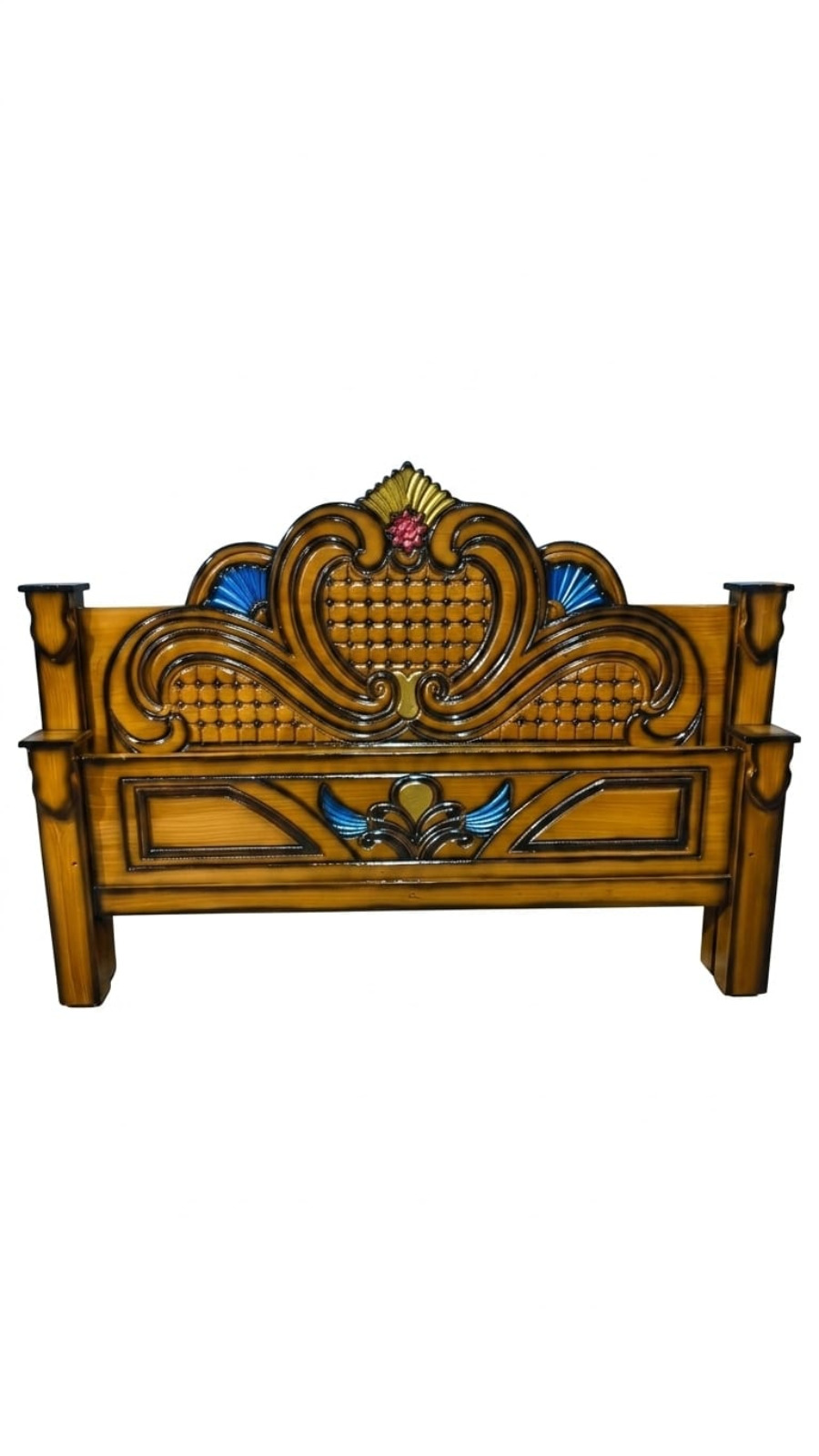 Traditional Arched Teak-Finish Headboard with Blue Flourish Accents 1