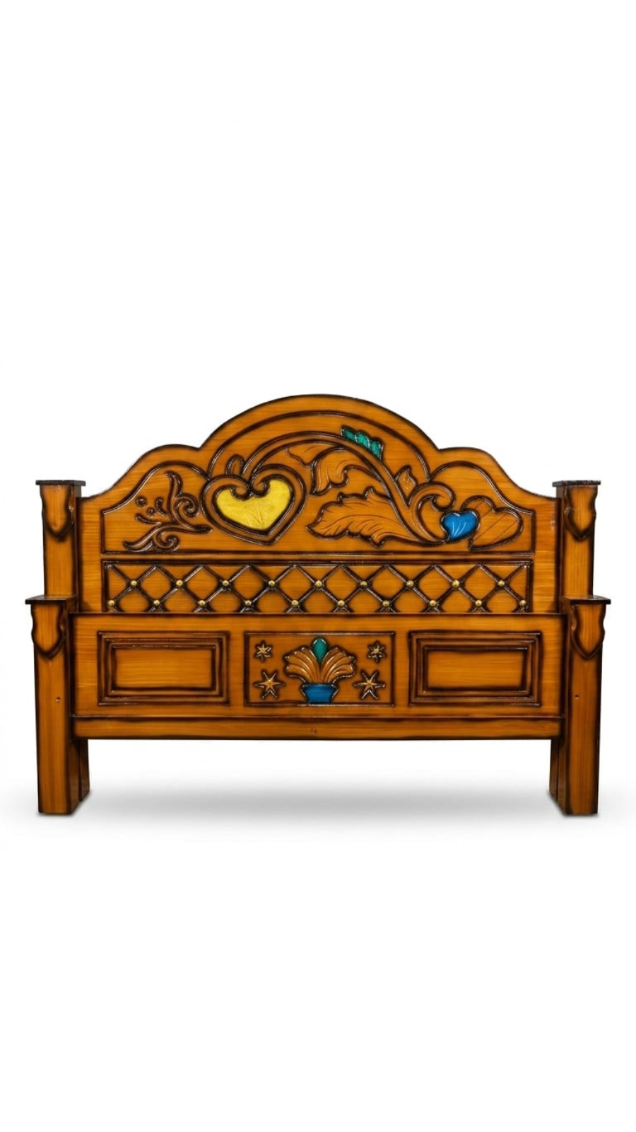 Hand-Carved Wooden Headboard with Vine Motifs and Multi-Color Inlays 1