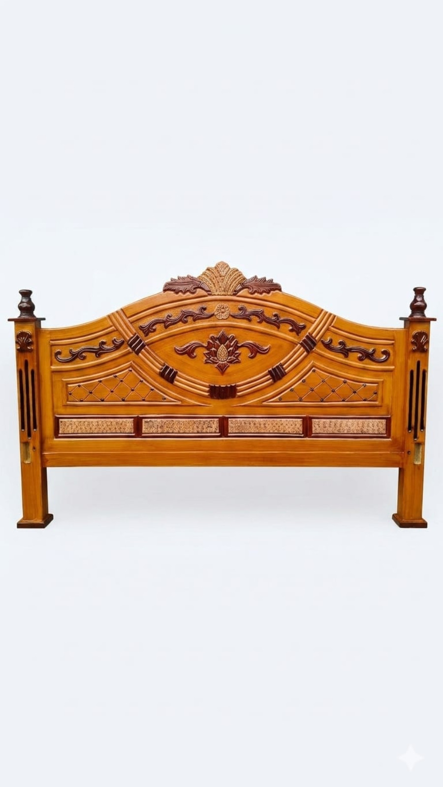 Classic Teak-Finish Arched Headboard with Lotus Medallion 1