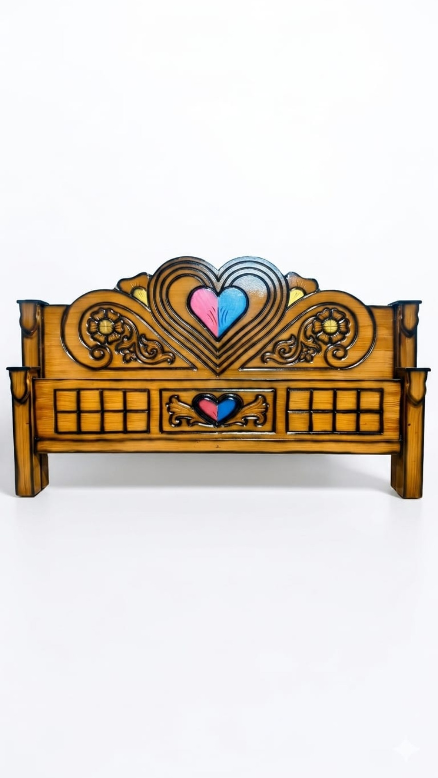 Artisan Honey Oak Headboard with Dual-Tone Heart Motif 1