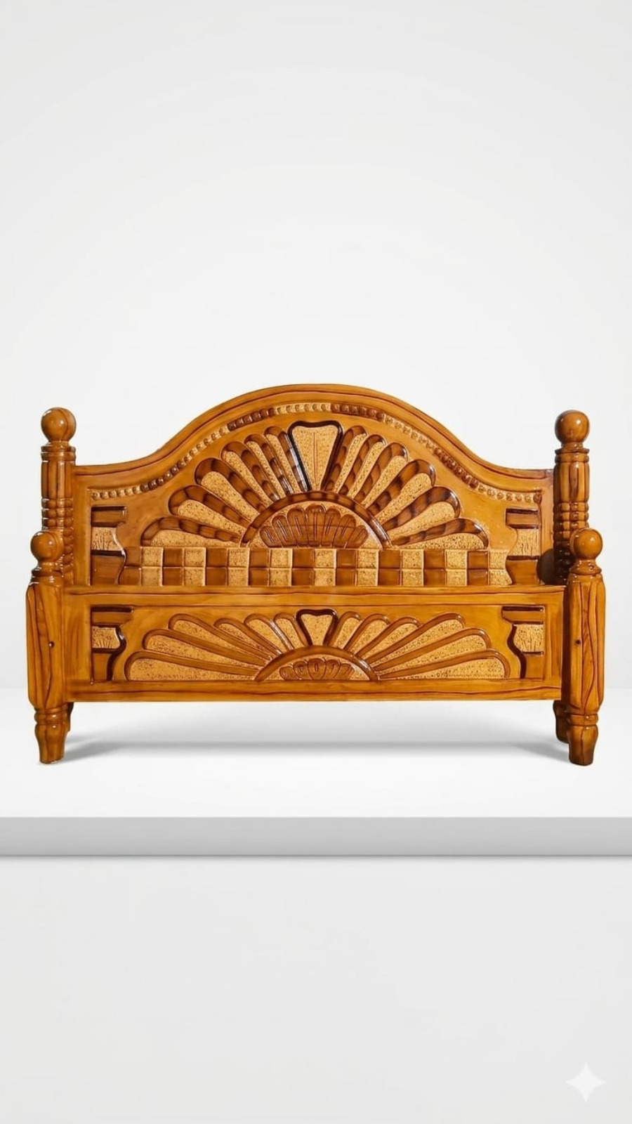 Honey-Glow Sunburst Carved Traditional Wooden Headboard 1