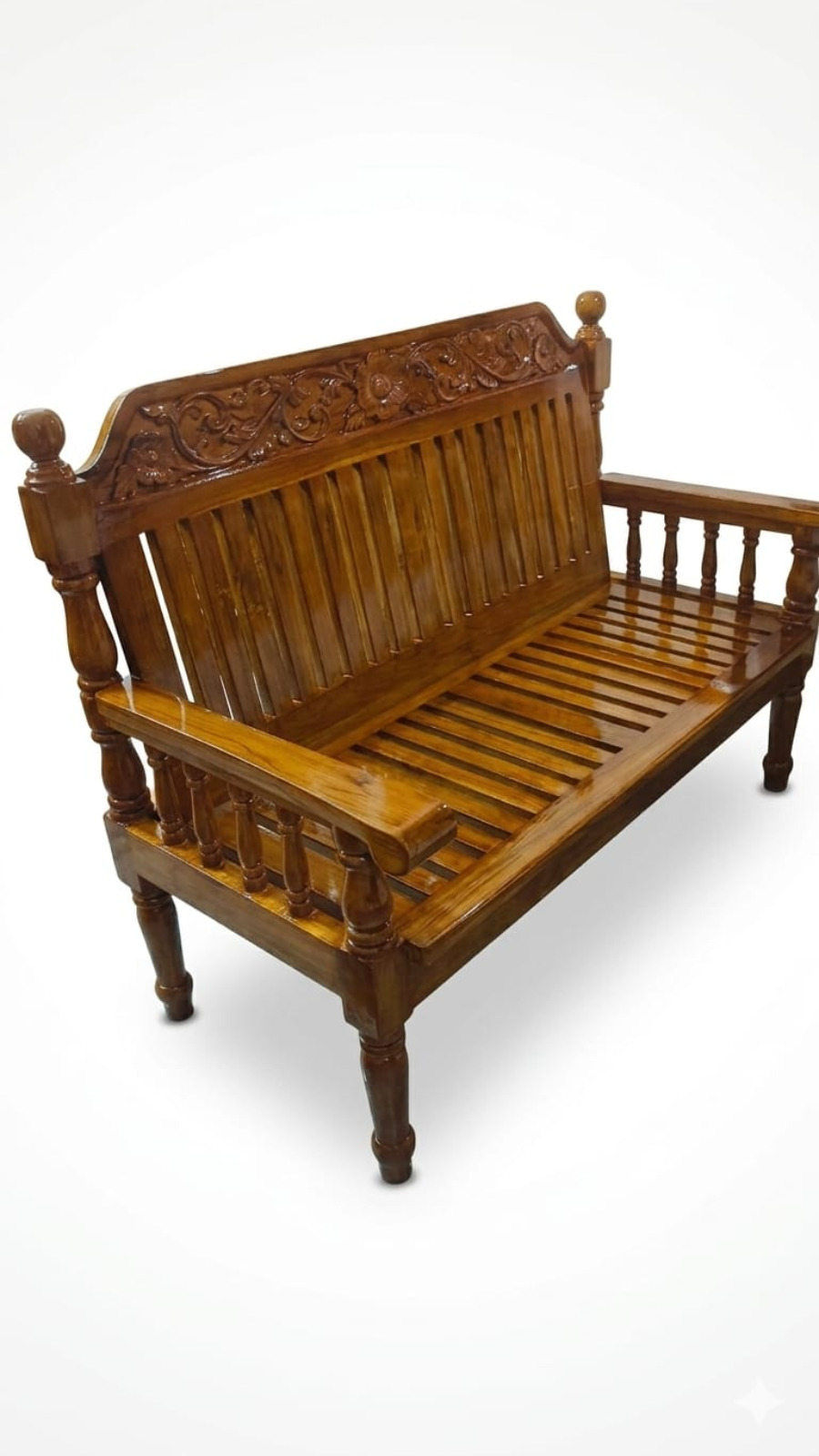 Heritage Sheesham Wood 3-Seater Bench with Floral Crest 1