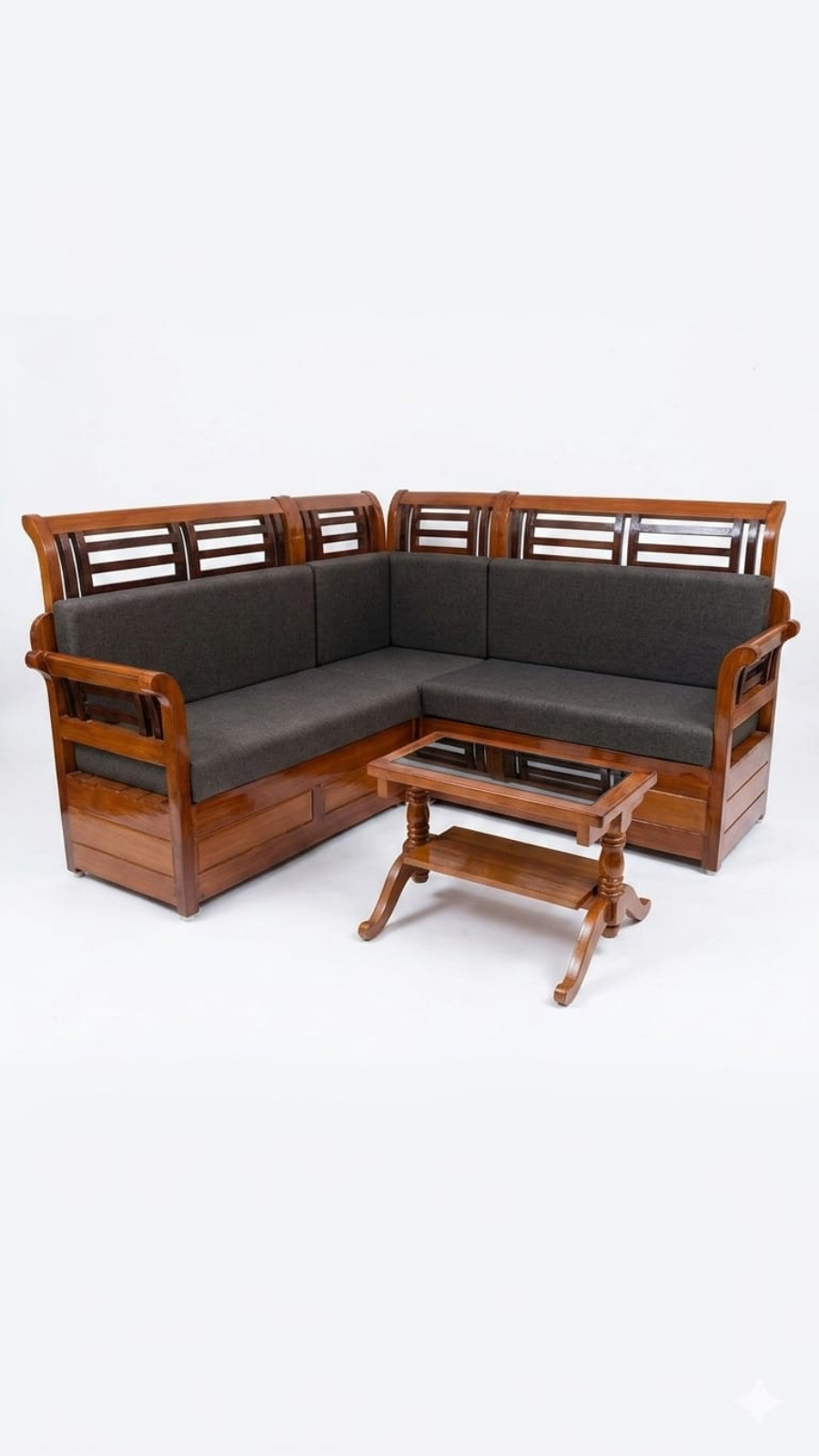 Mission-Style Hardwood L-Shaped Sectional Sofa with Matching Coffee Table