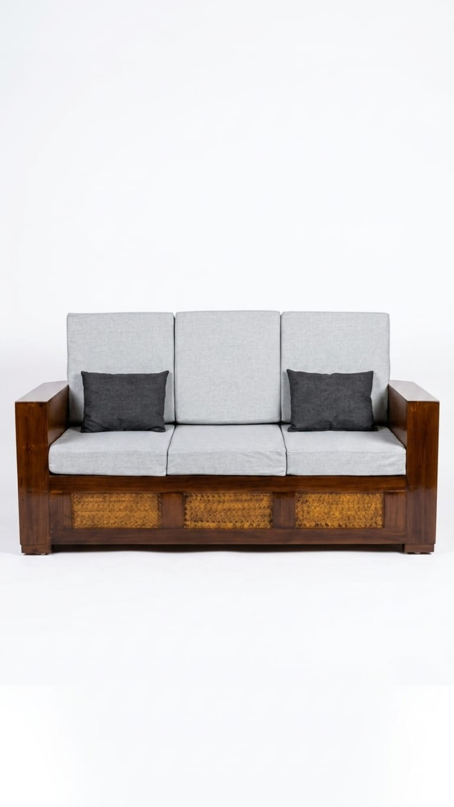 Contemporary Solid Wood 3-Seater Sofa with Woven Rattan Accents