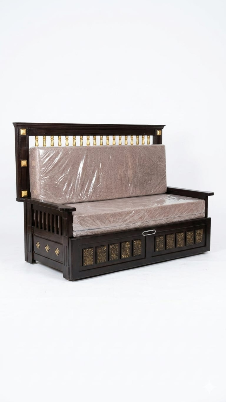 Classic Dark Walnut Wooden Sofa Cum Bed – Closed Position 1