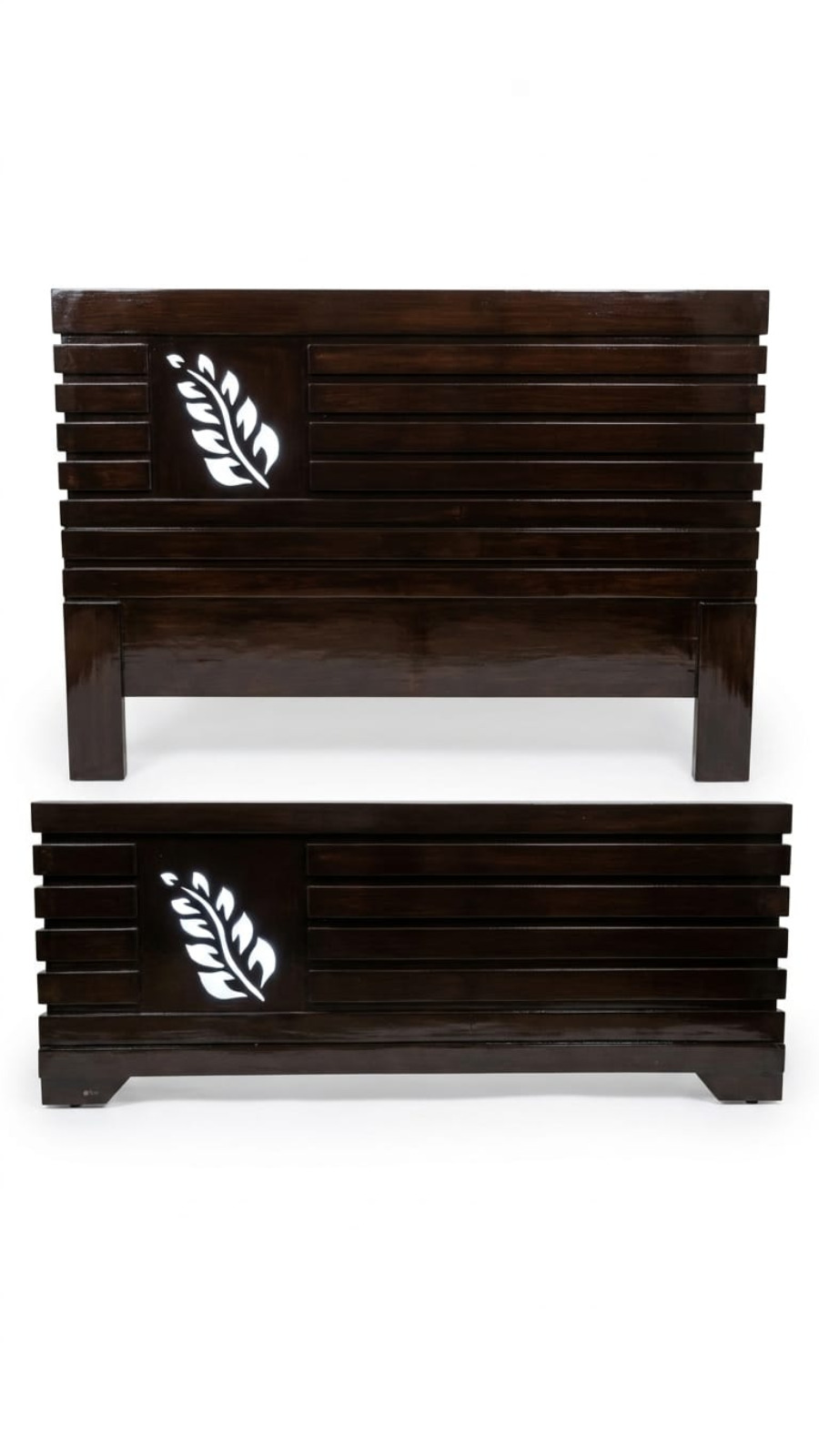 Modern Espresso-Black Louvered Headboard with Backlit Leaf Inlay 1