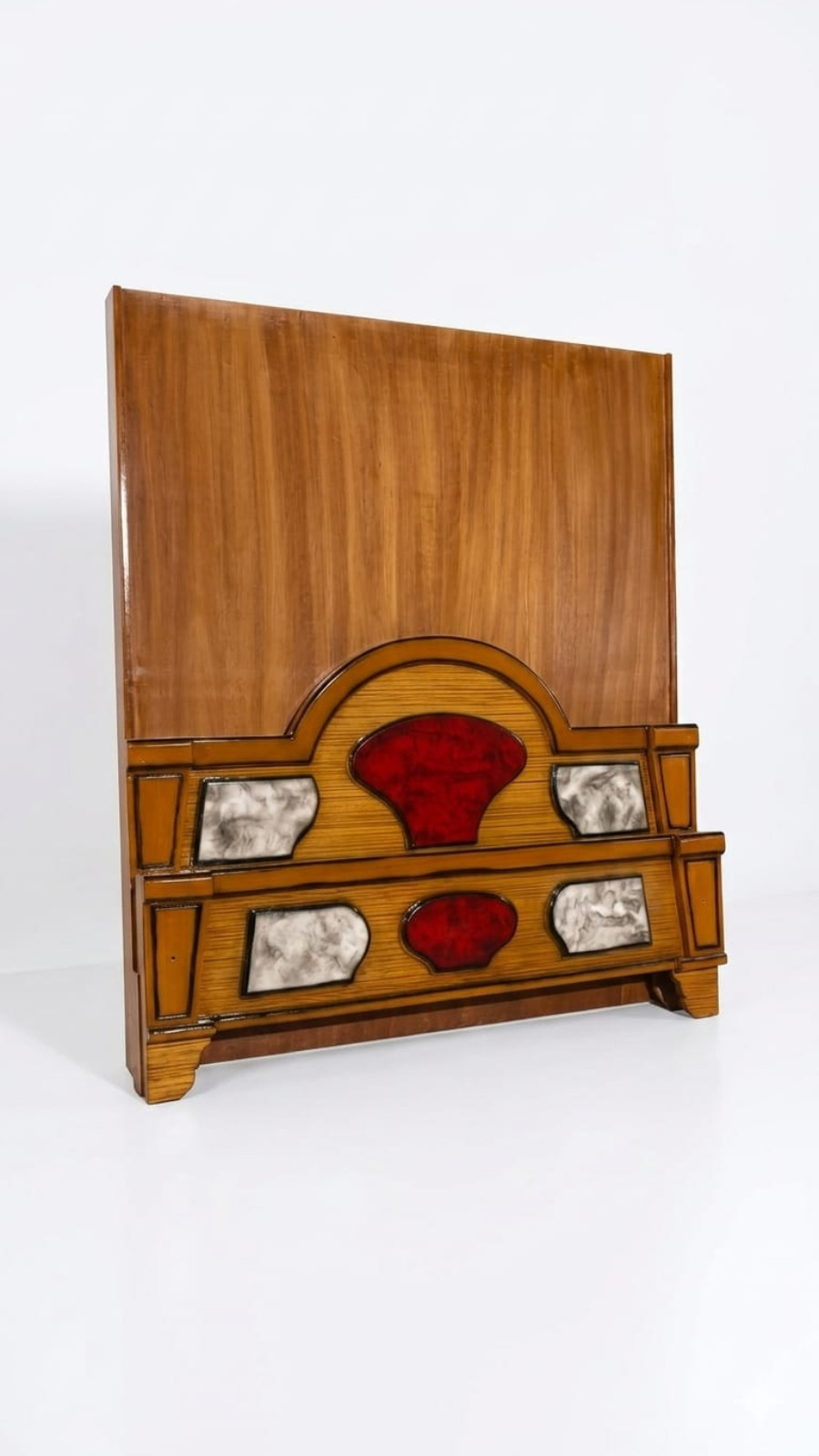 Avant-Garde Sunburst Headboard Set with Crimson Lacquer & Marble Acrylic Accents
