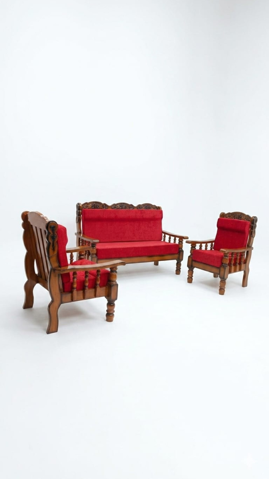 Traditional Hand-Carved Wooden Sofa Set with Crimson Red Upholstery 1