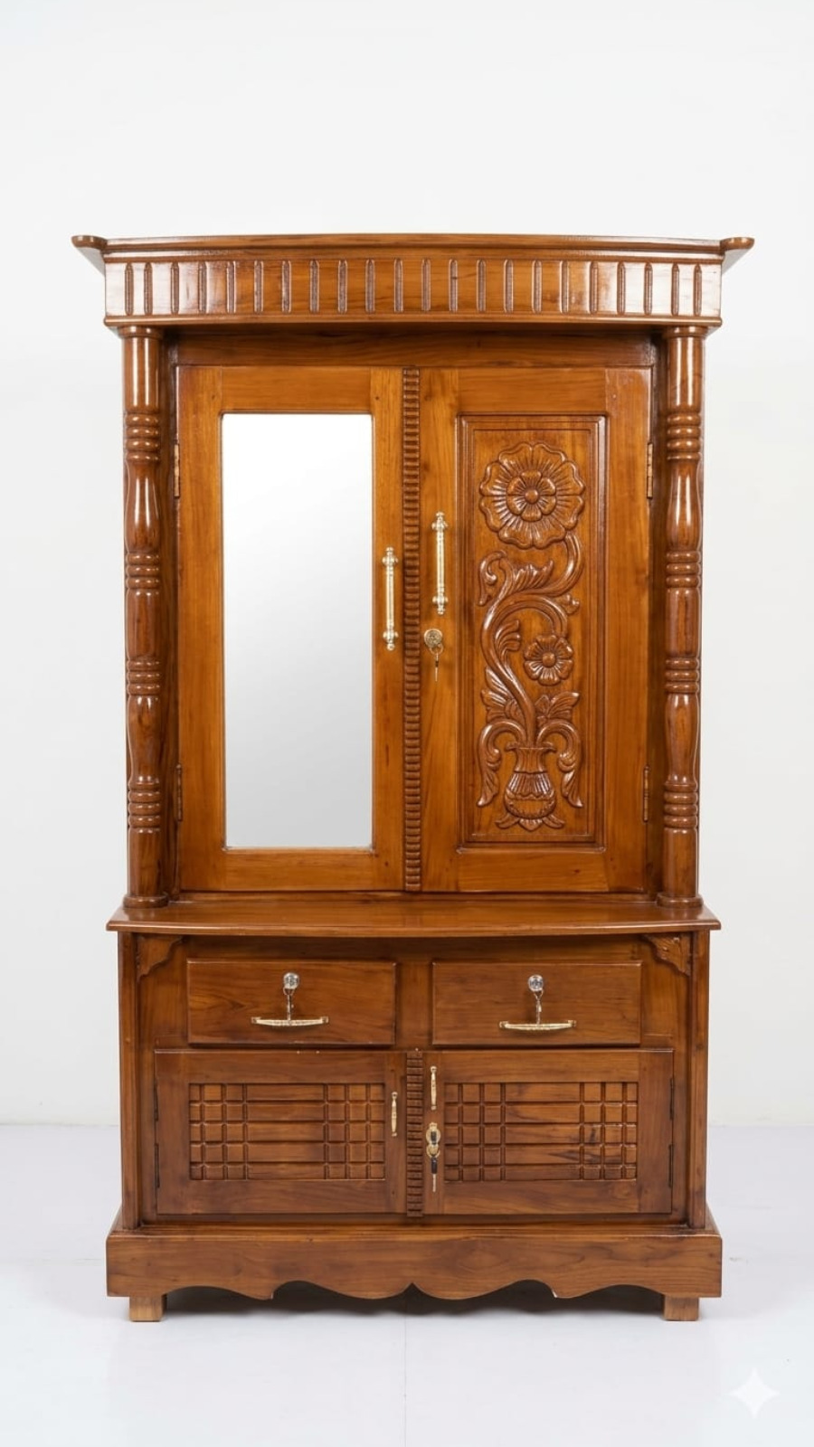 Classic Teak Finish Dressing Almirah with Inset Mirror and Flower Vase Carving