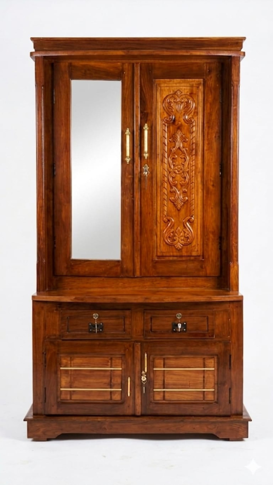 Royal Walnut Finish Dressing Almirah with Full Mirror and Scrollwork Panel 1