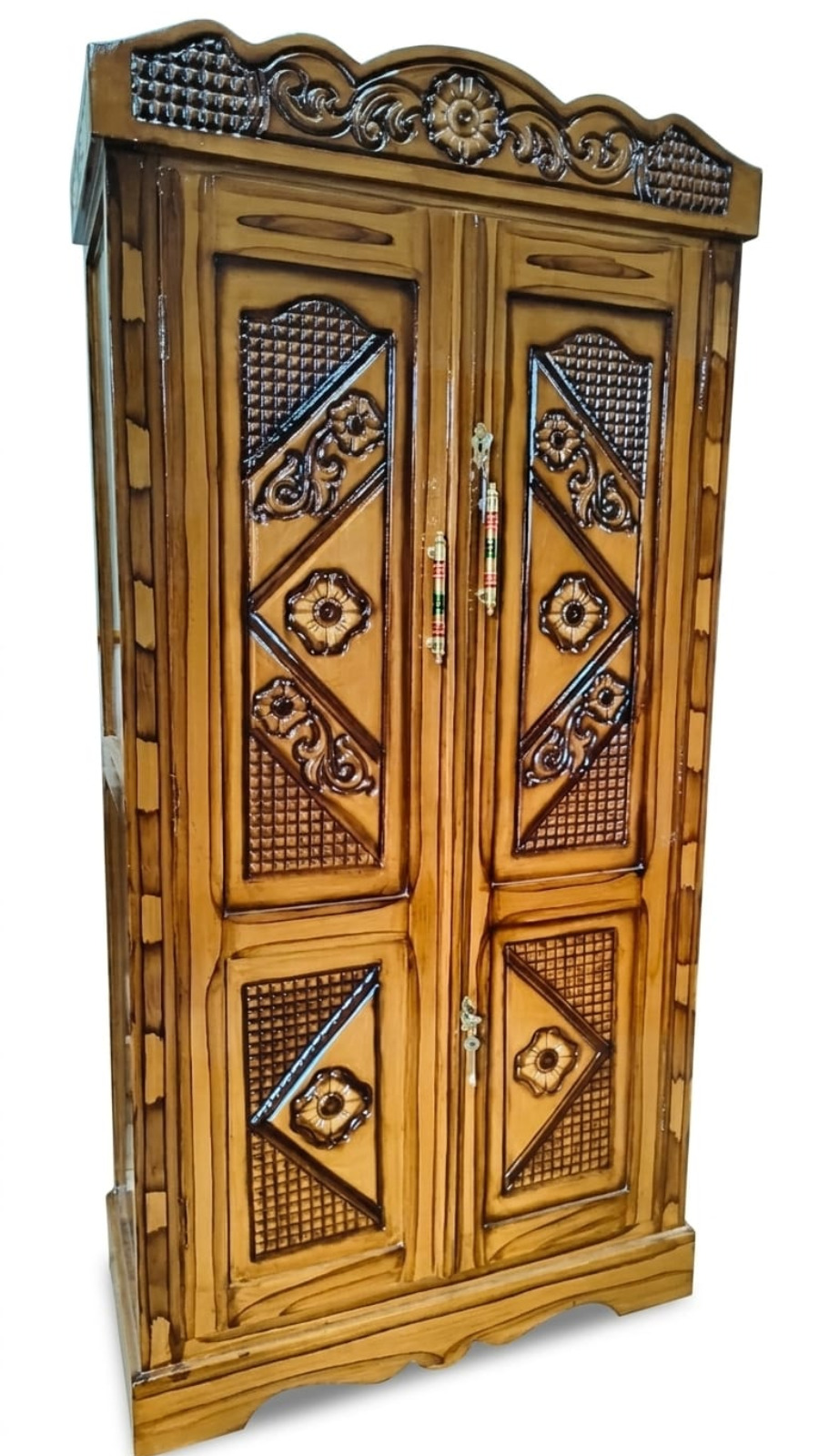 Classic Diamond Lattice Hand-Carved Wooden Wardrobe