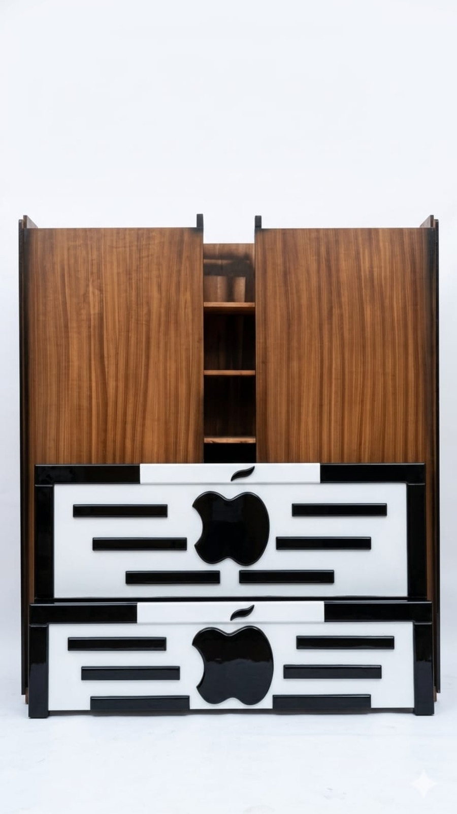 Luxury High-Gloss Black & White Cot with Center Apple Silhouette 1