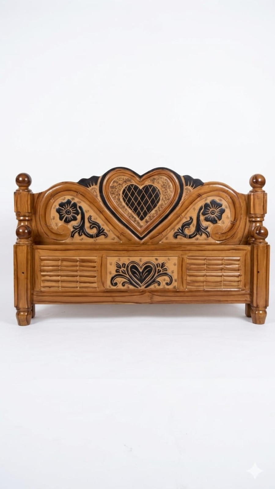 Traditional Honey-Teak Finish Cot with Matte Black Lattice Heart Panels 1