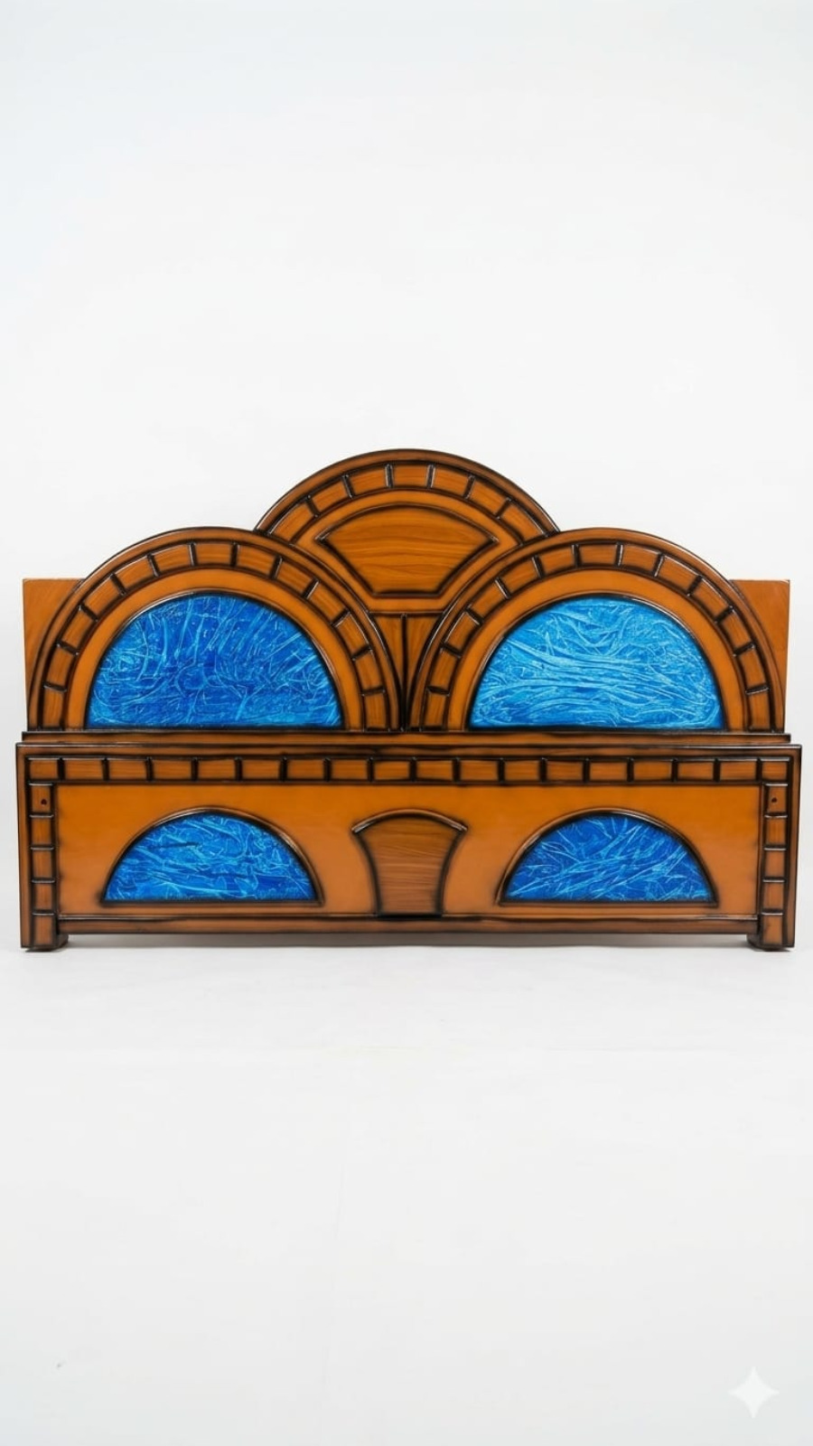 Traditional Teak Finish Cot with Twin Arches & Royal Blue Metallic Texture 1