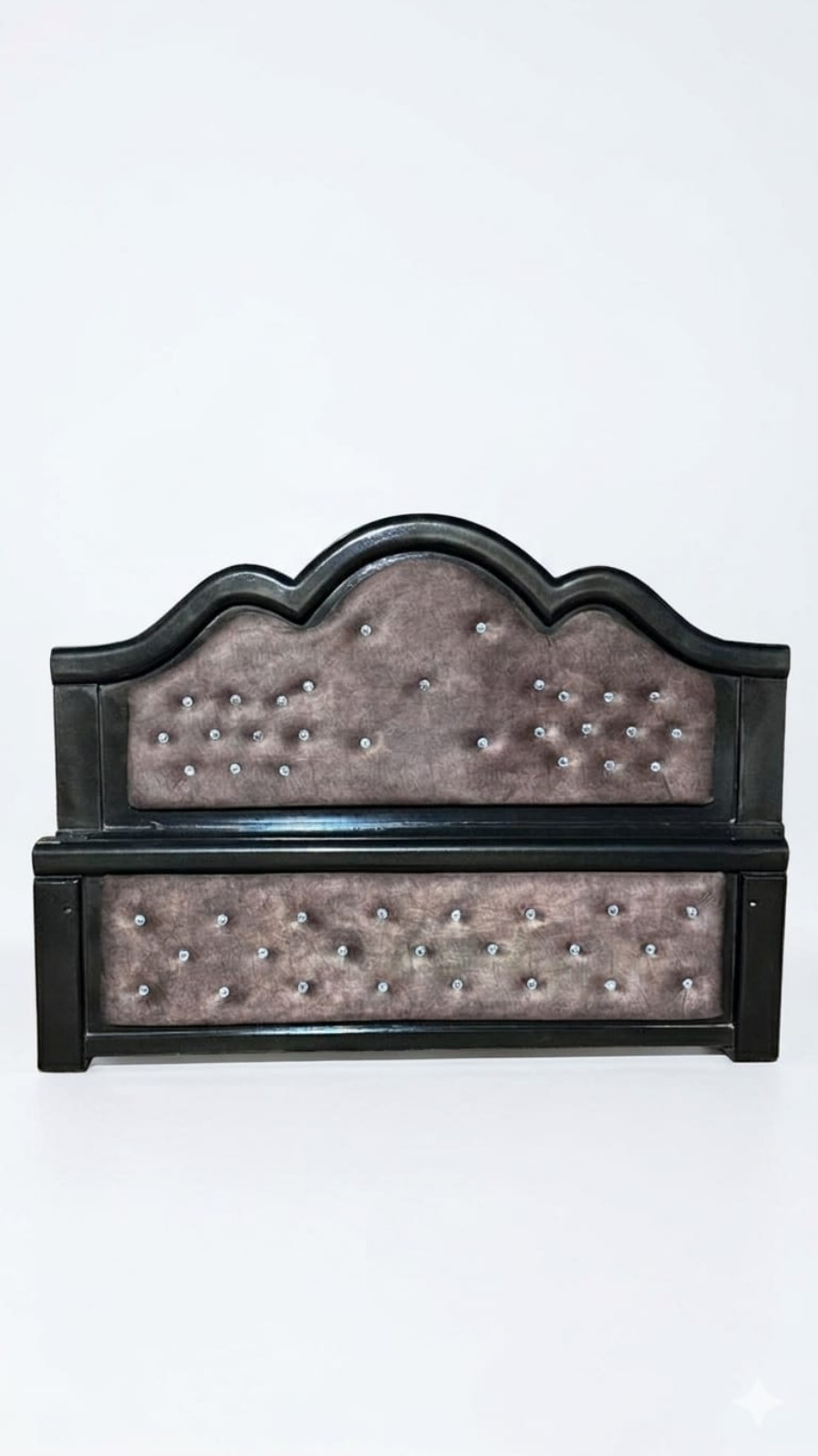 Elegant Black Wooden Cot with Scalloped Headboard & Diamond Studded Cushion 1