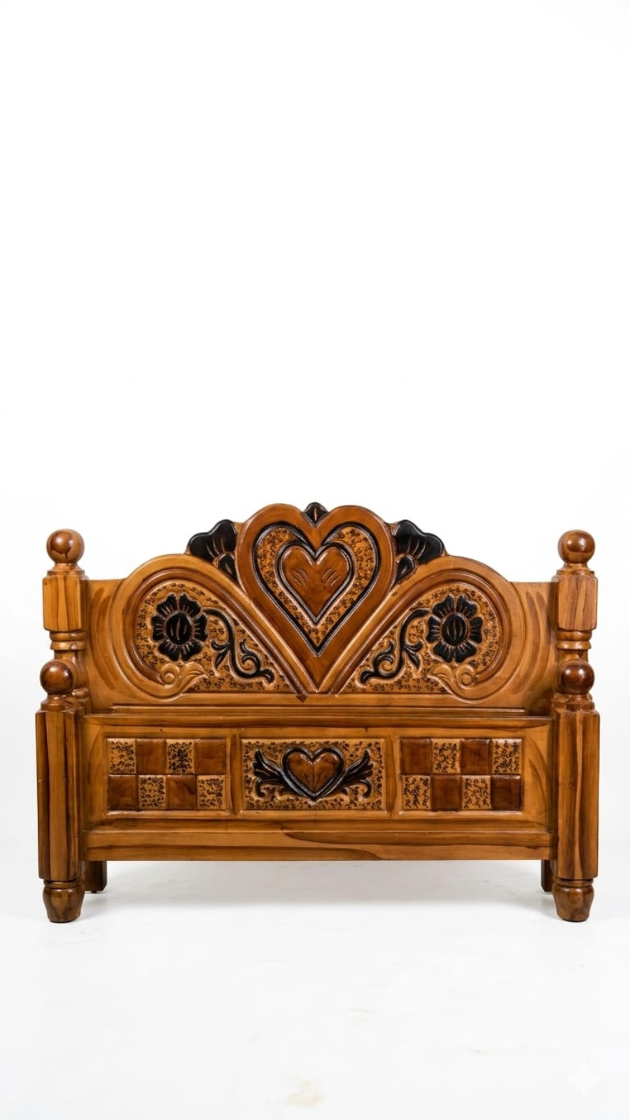 Heritage Style Teak Finish Wooden Cot with Embossed Black Hearts & Flowers
