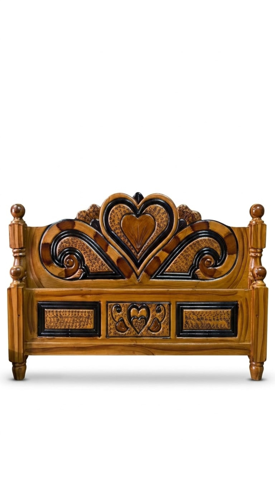 Premium Honey-Teak Finish Cot with Winged Center Heart & Black Accents
