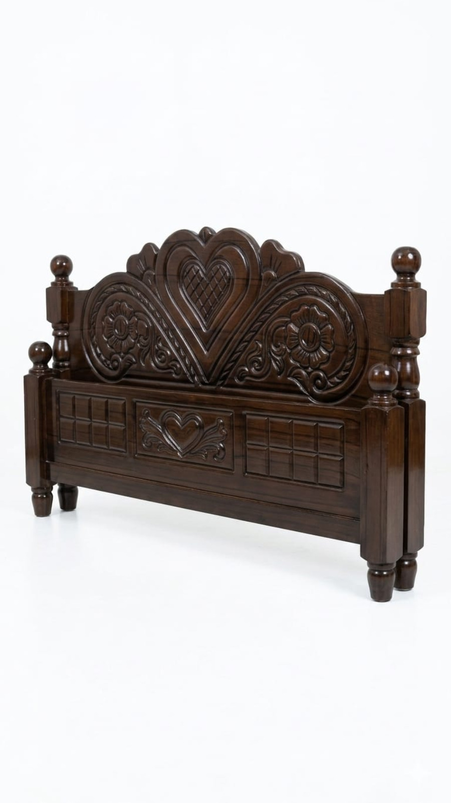 Luxury Dark Walnut Maharaja Wooden Cot with Deep Heart & Floral Carvings 1