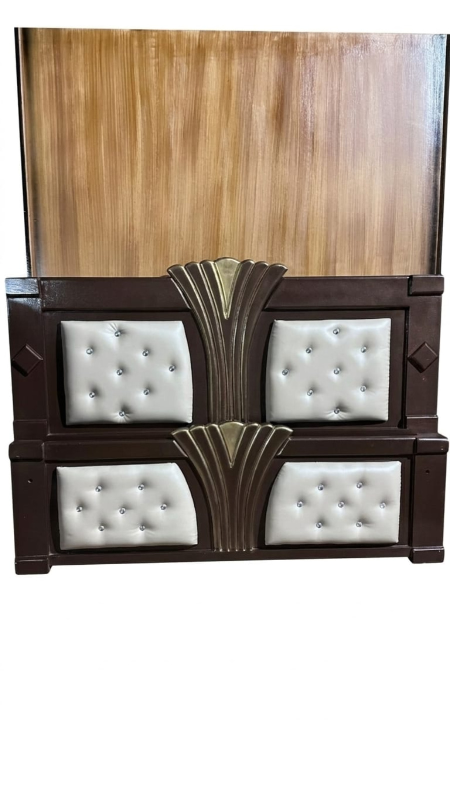 Luxury Chocolate Walnut Cot with Central Gold Fan & Four-Box Studded Cushion 1