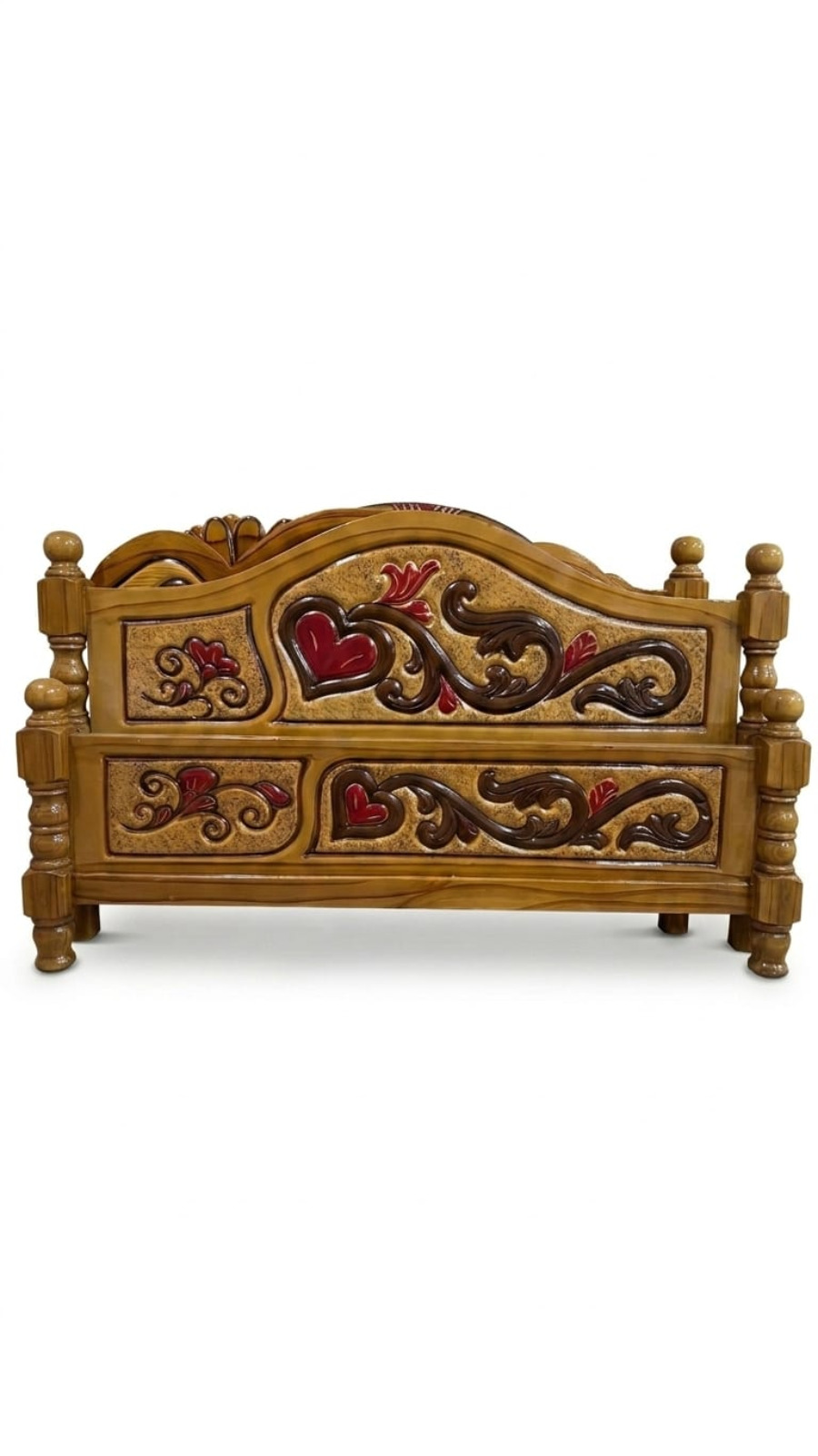 Heritage Style Hand-Carved Wooden Cot with Red Hearts and Floral Vines 1