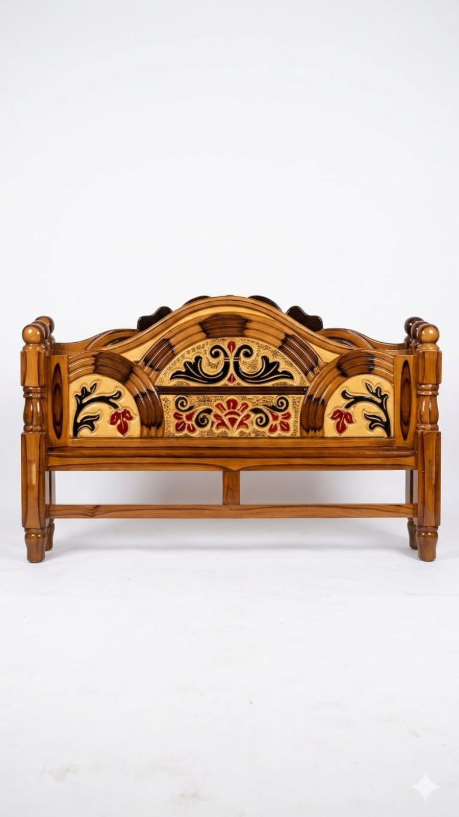 Premium Teak Finish Wooden Cot with Triple Arch & Traditional Floral Vines 1