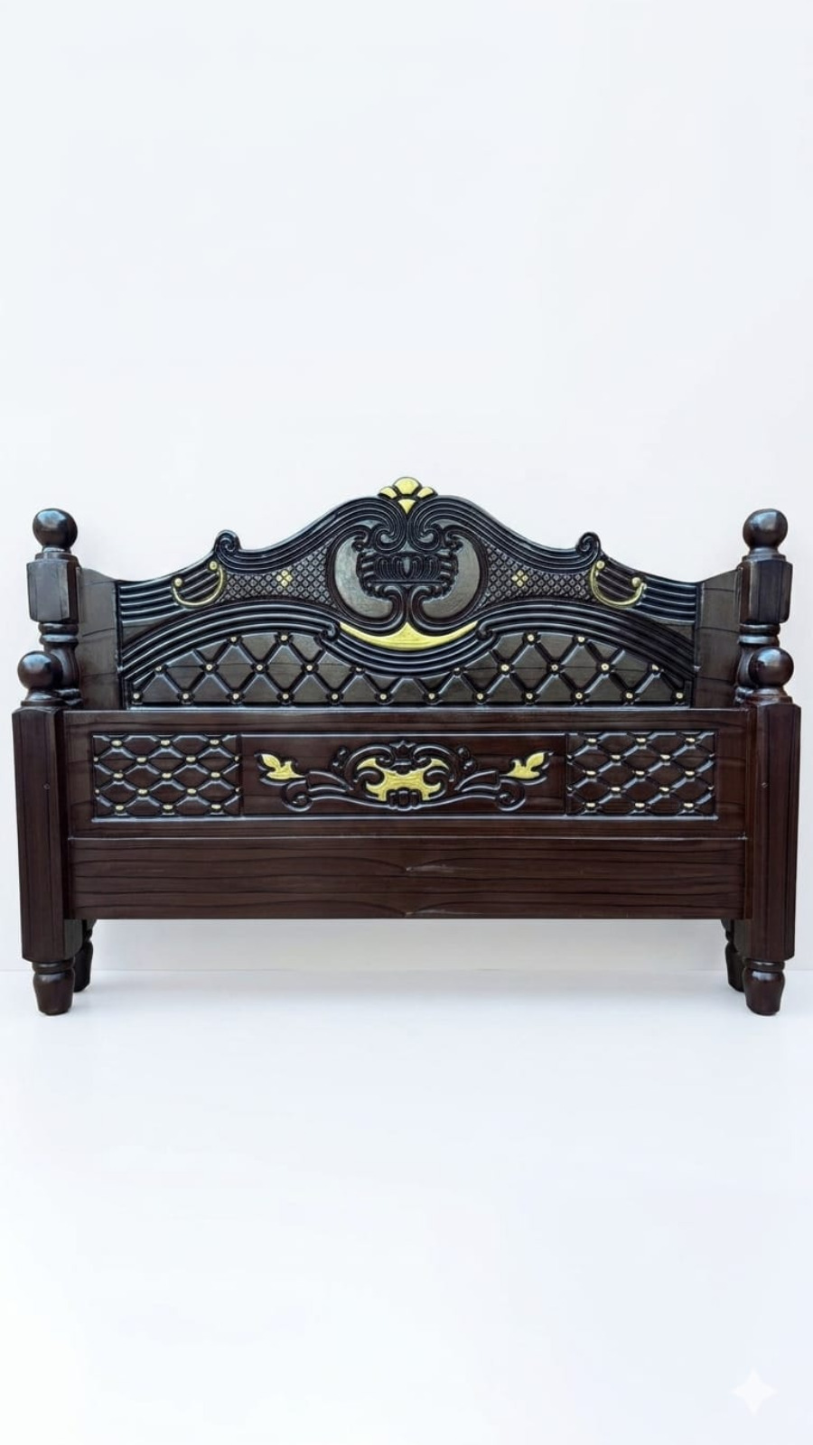 Premium Dark Walnut Cot with Embossed Gold Floral Carvings & Tufted Panel 1