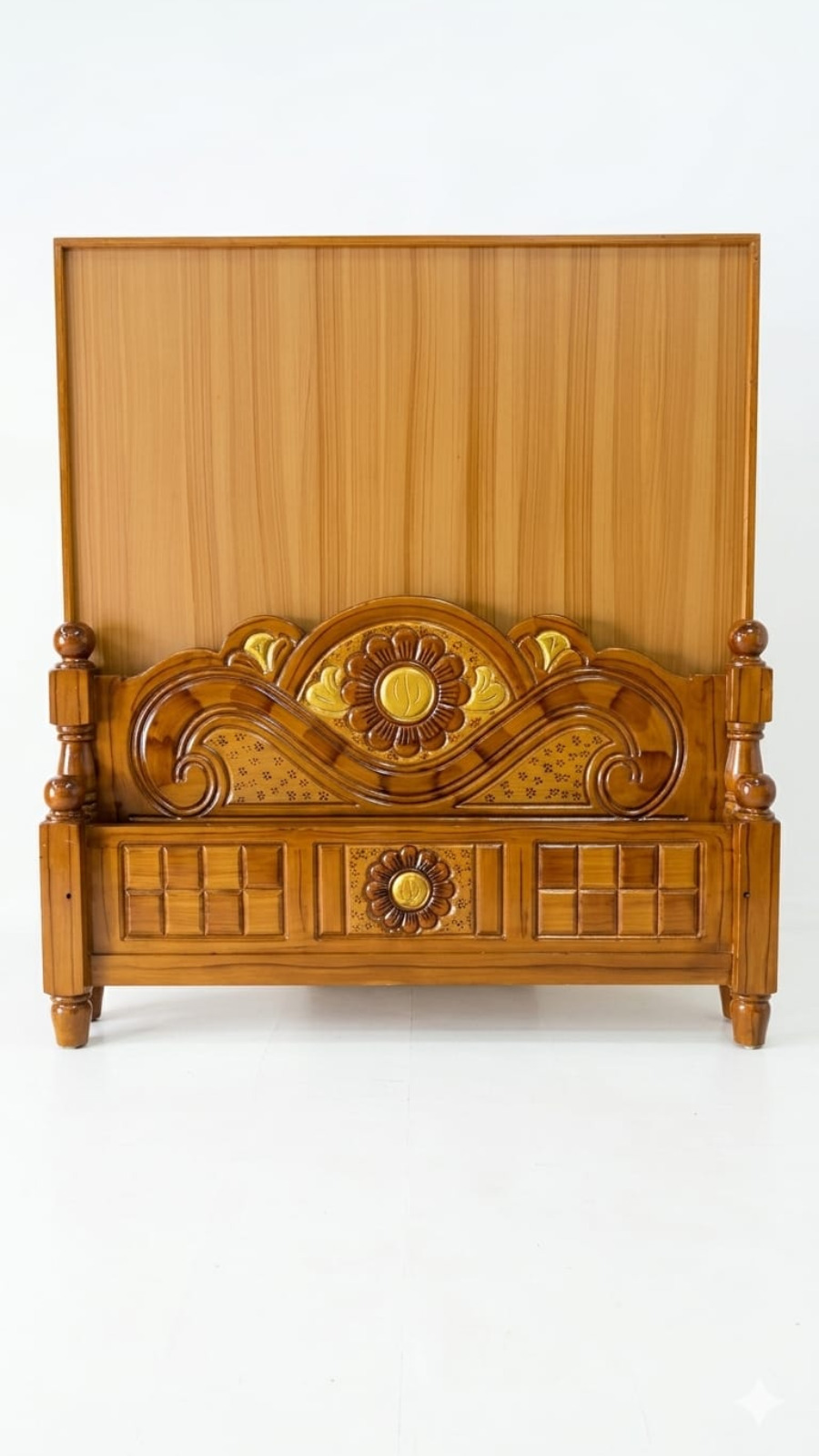 Royal Teak Finish Heavy Wooden Cot with Embossed Gold Sunflower Medallion 1