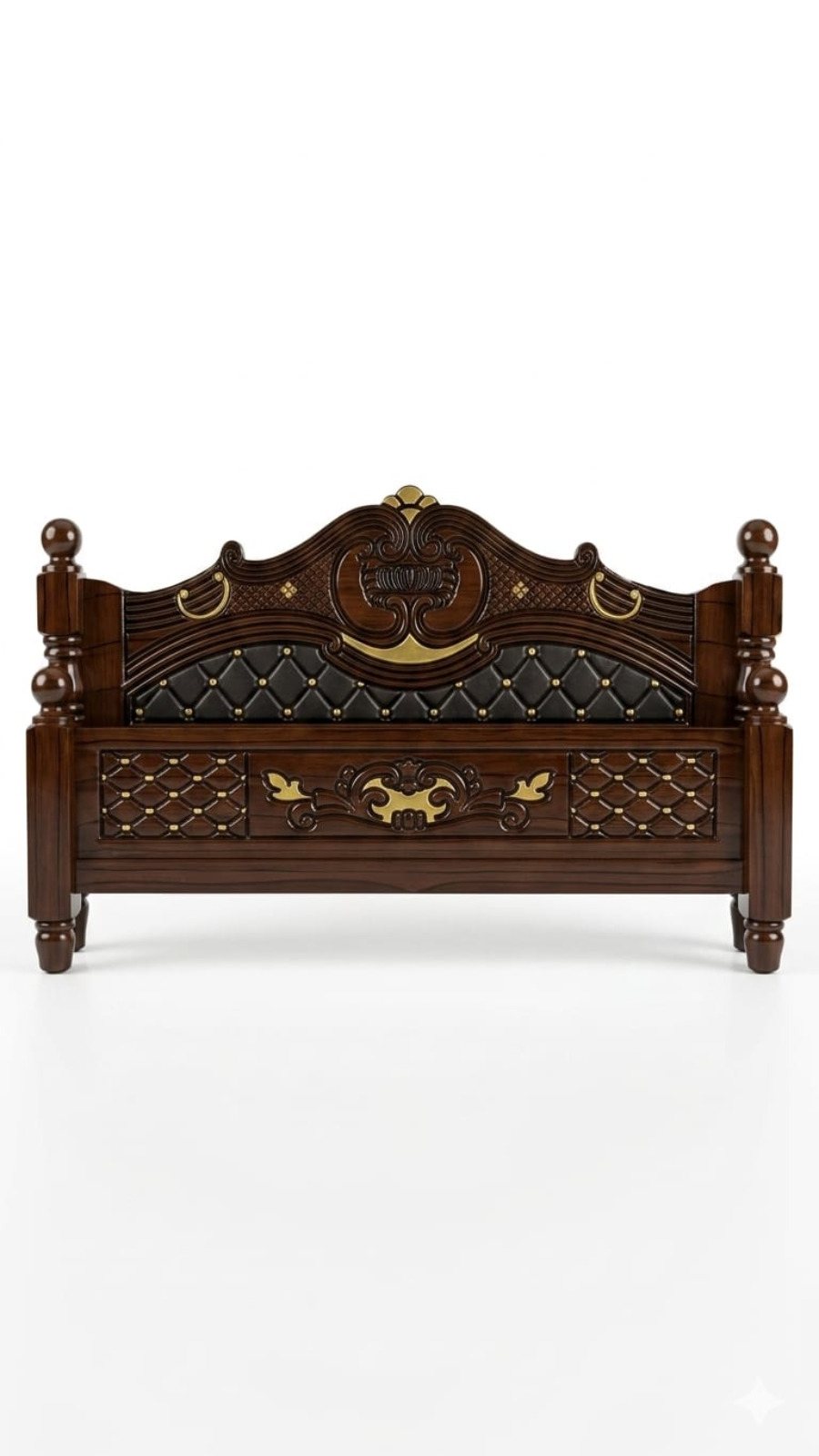 Luxury Dark Walnut Cot with Embossed Gold Carvings & Diamond Tufted Cushion 1
