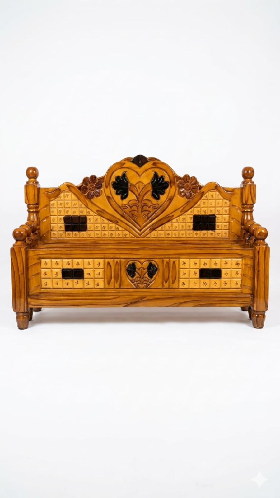 Heritage Style Teak Finish Cot with Lattice Grid & Twin Lotus Heart Carvings 1