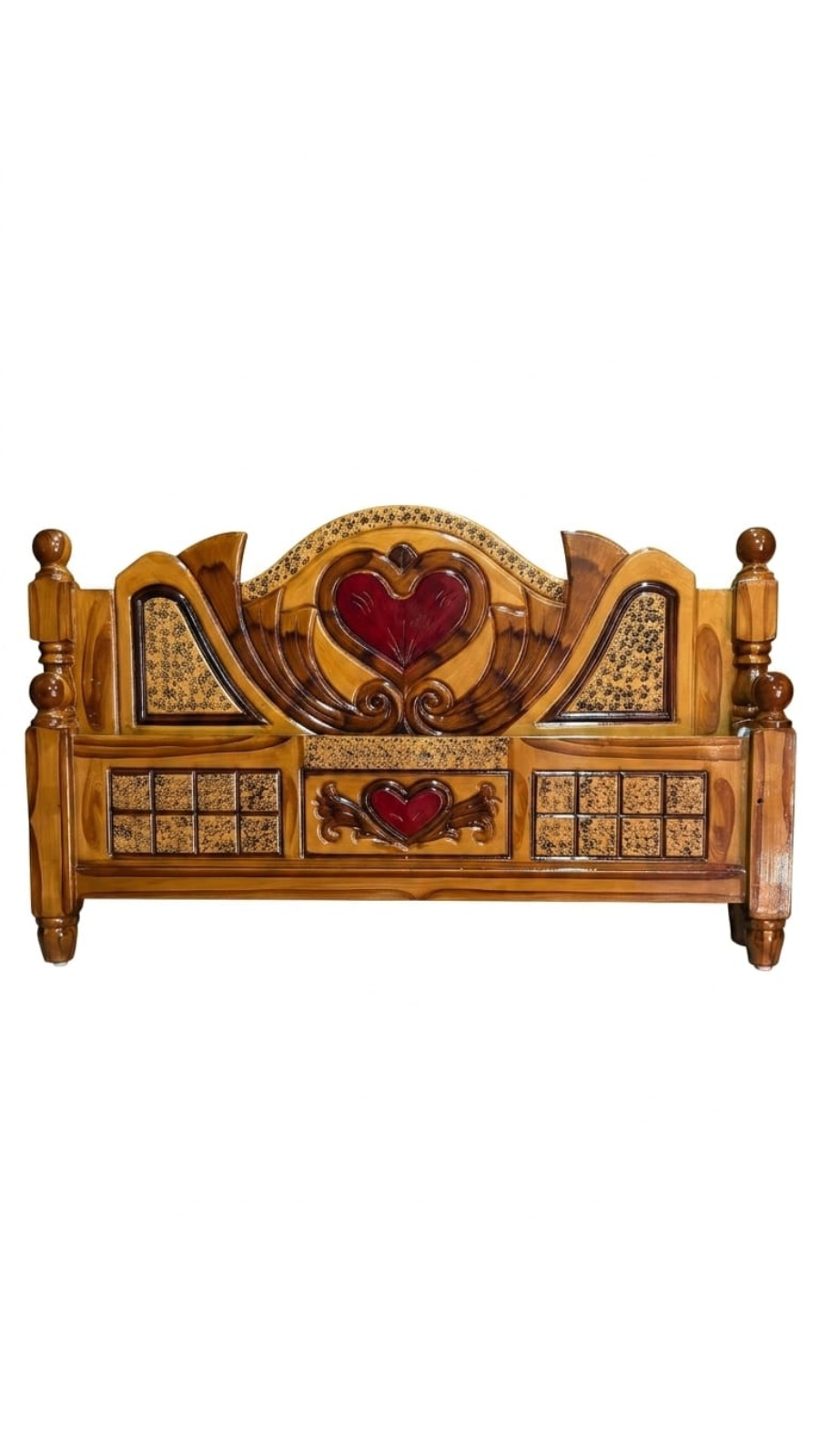 Premium Honey-Teak Finish Cot with Winged Deep Maroon Center Heart 1