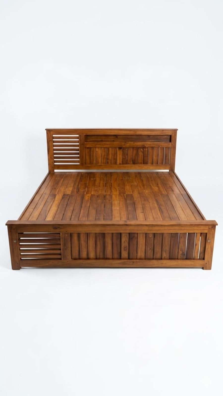Ultra-Modern Teak Finish Platform Cot with Sleek Slatted Headboard 1