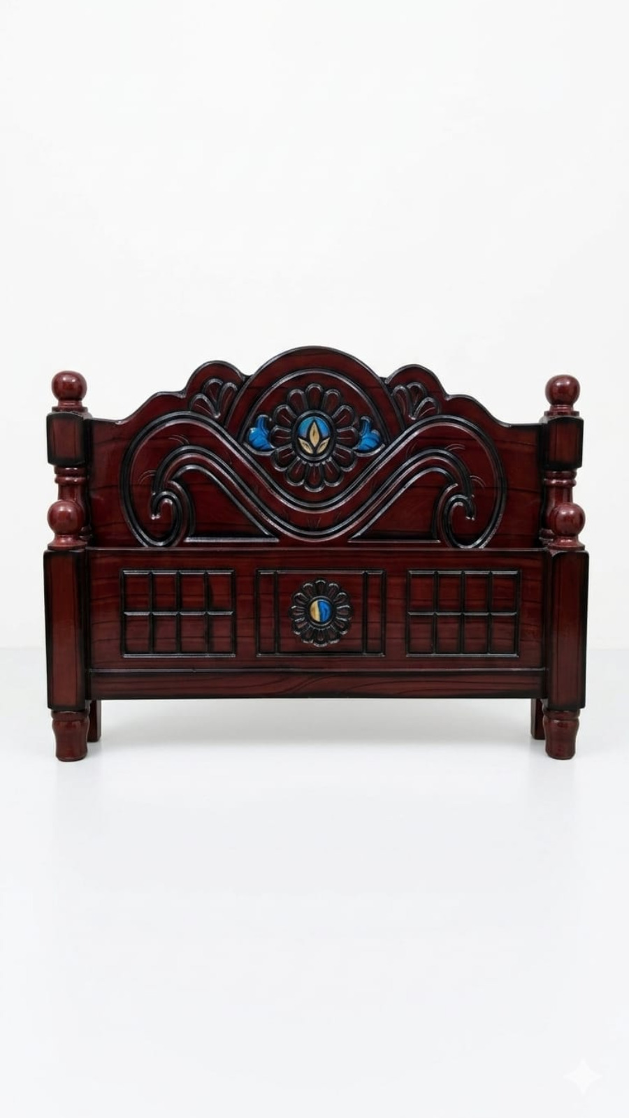 Classic Rosewood Finish Cot with Center Sunflower Medallion & Blue Accents 1
