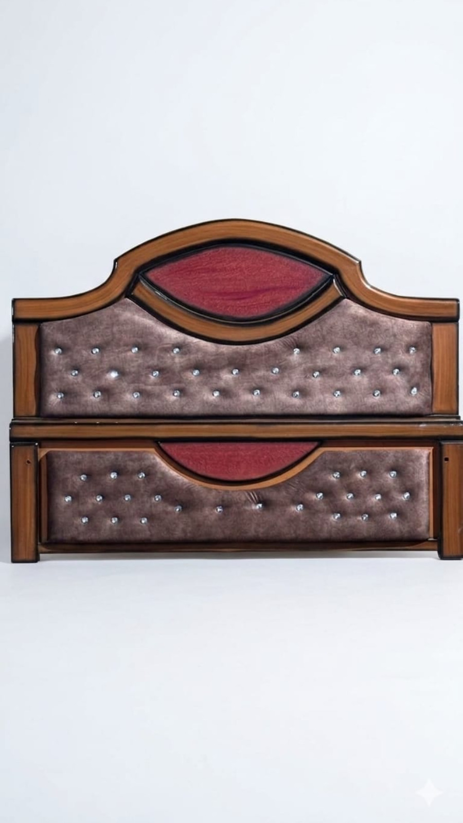 Premium Teak Finish Wooden Cot with Oval Maroon Accent & Studded Cushion 1