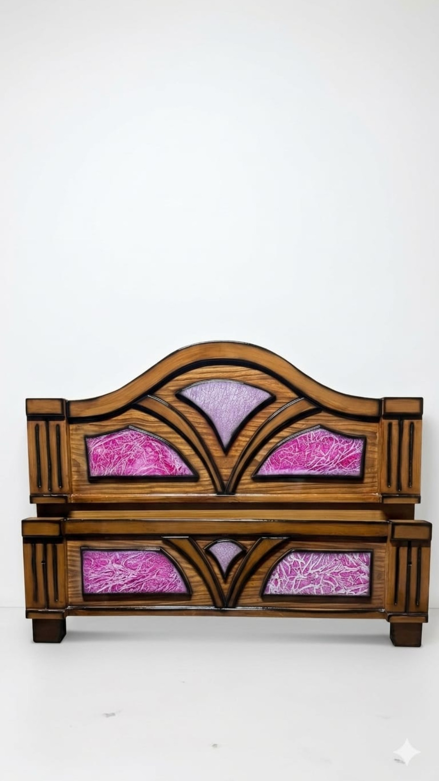 Luxury Teak Finish Cot with Curved Pink Textured Accent Panels