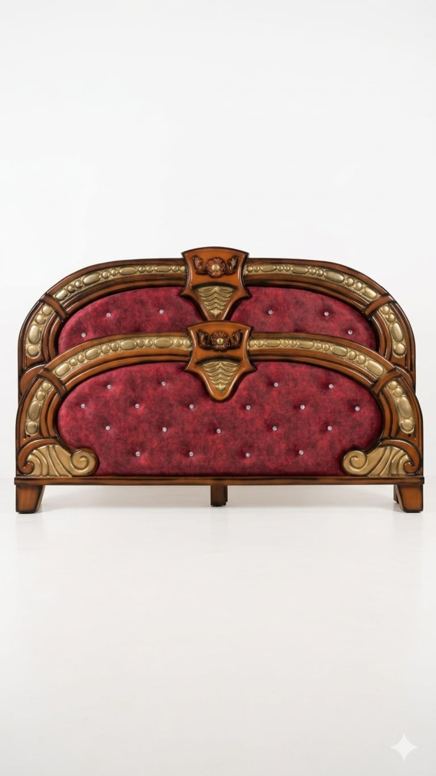 Luxury Capsule Arch Cot with Royal Maroon Velvet Tufted Cushion & Gold Trims 1