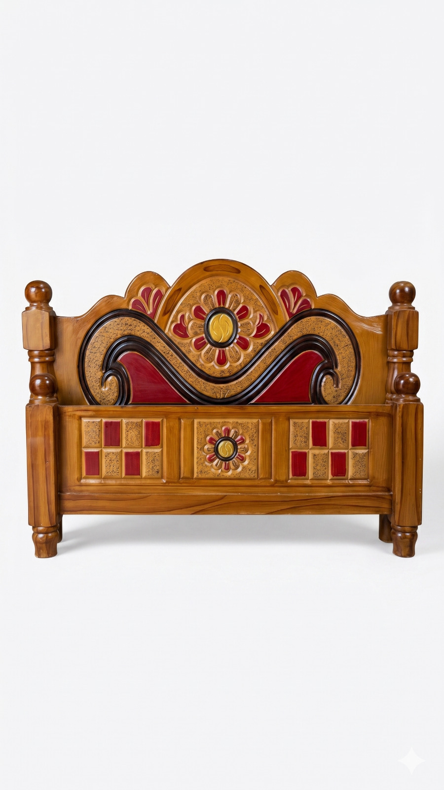 Royal Teak Finish Heritage Cot with Golden Sunflower Medallion & Maroon Arches