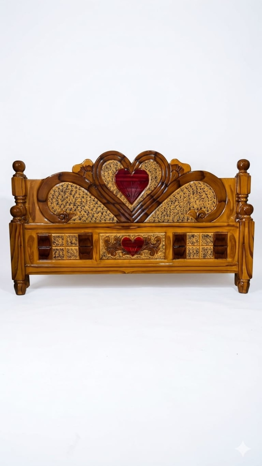 Luxury Teak Finish Heritage Cot with Central Maroon Heart & Sunburst Fan 1