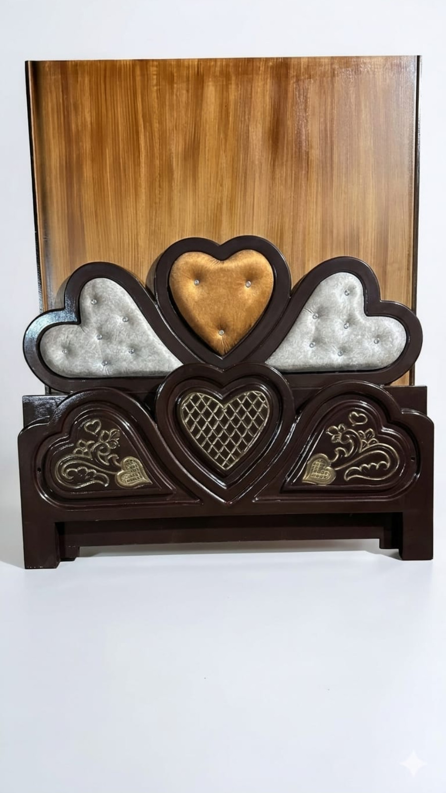 Heritage Style Dark Walnut Cot with Gold & Silver Triple Heart Cushion 1